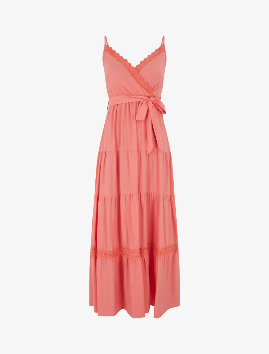 Robe longue unie élastiquée - Corail