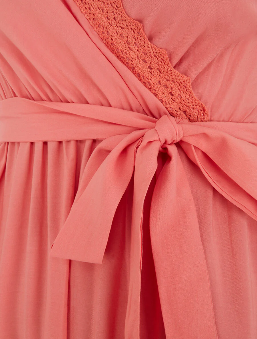 Robe longue unie élastiquée - Corail - Image 3