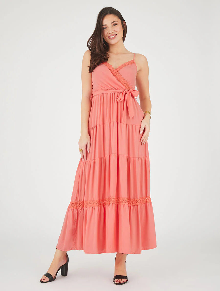 Robe longue unie élastiquée - Corail - Image 4