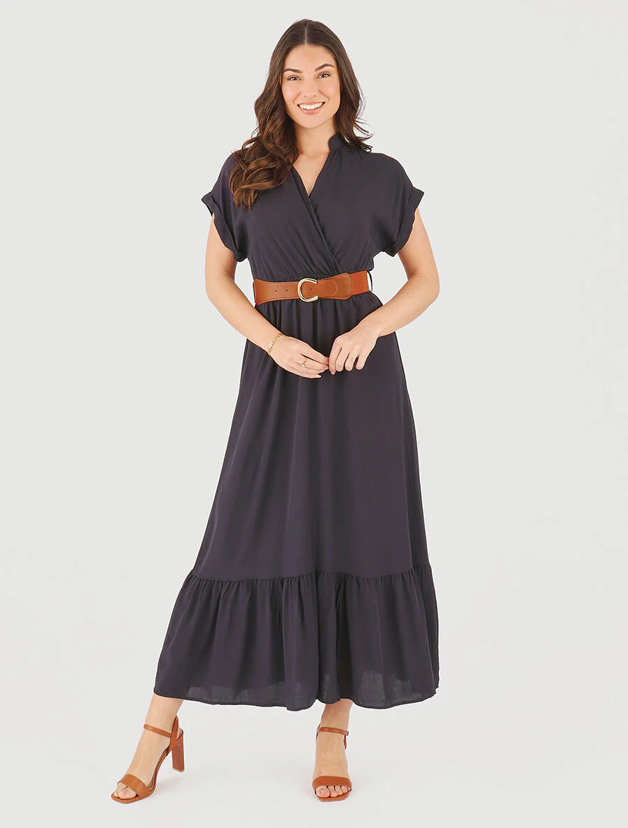Robe longue unie manches courtes - Marine - Image 4