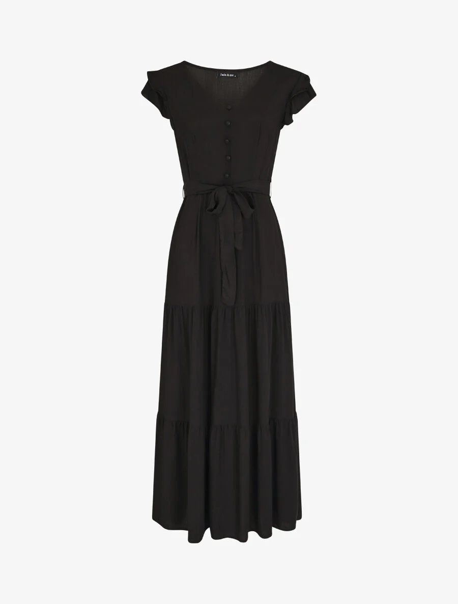 Robe longue unie sans manches à volants - Noir