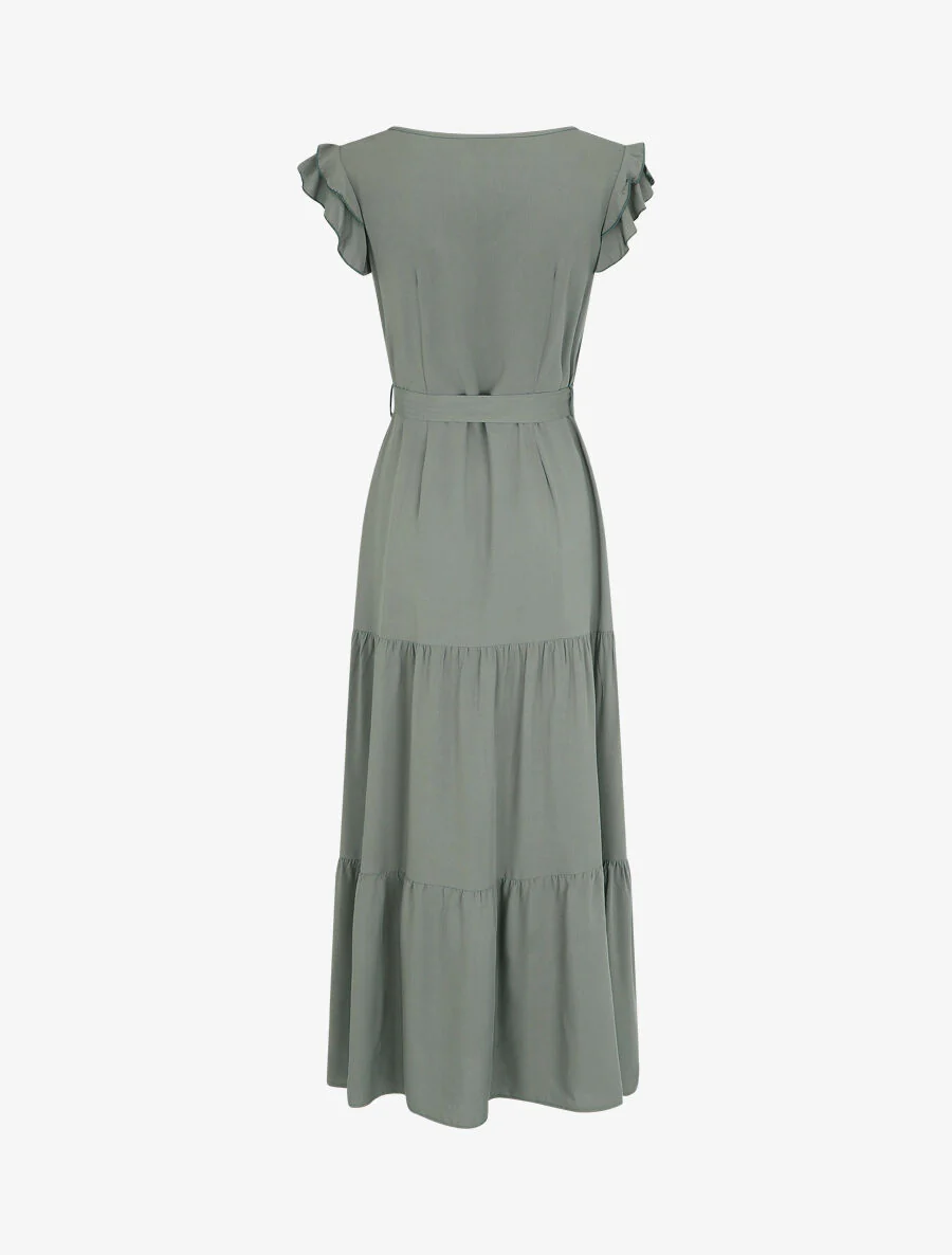 Robe longue unie sans manches à volants - Kaki - Image 2