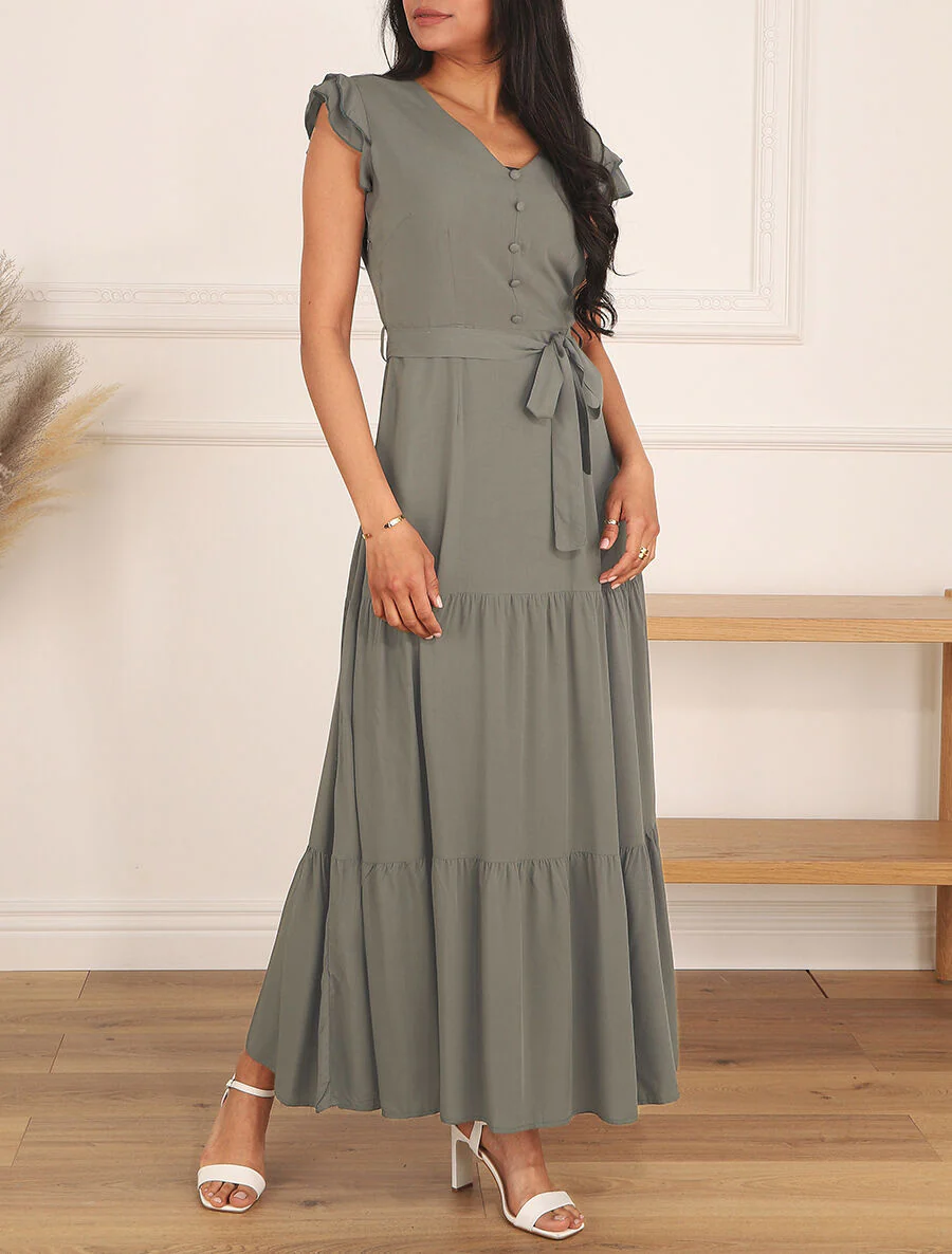 Robe longue unie sans manches à volants - Kaki - Image 4
