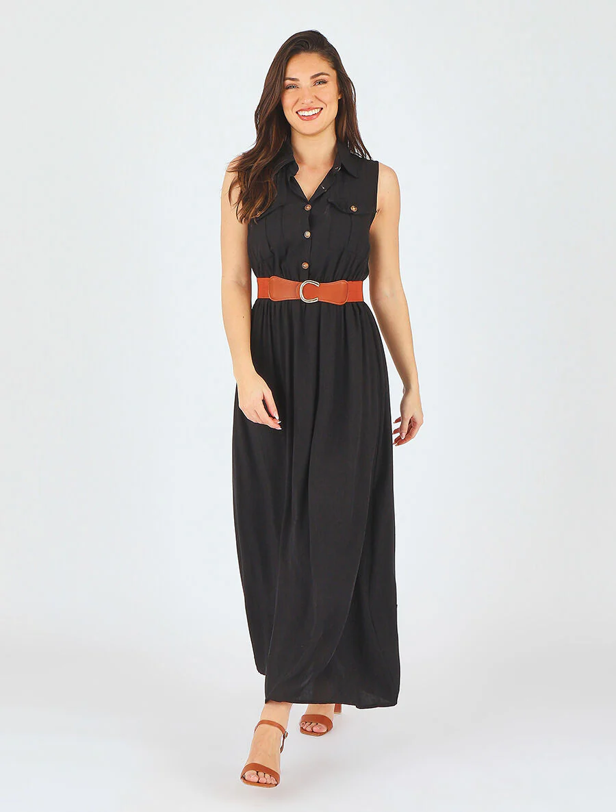 Robe longue unie sans manches - Noir - Image 4