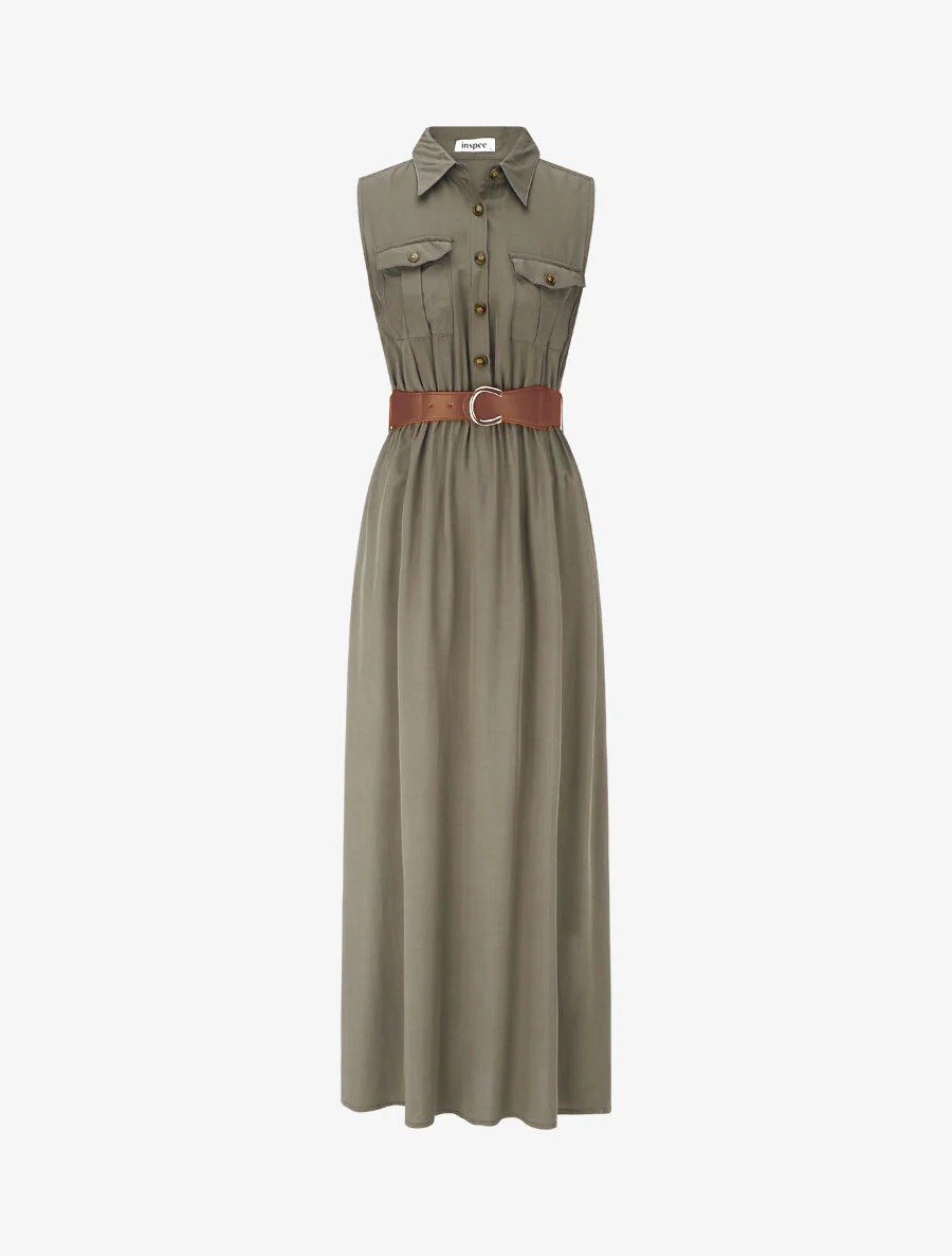 Robe longue unie sans manches - Kaki