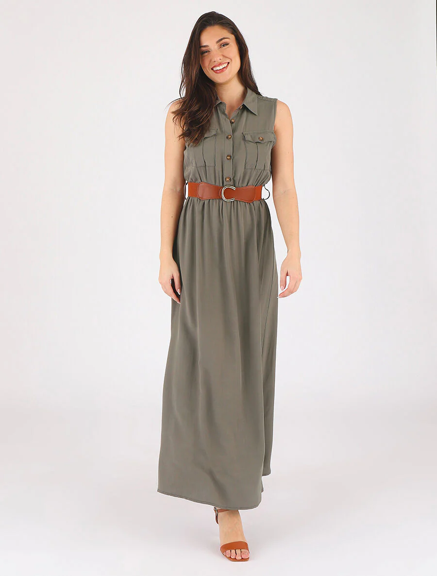 Robe longue unie sans manches - Kaki - Image 4