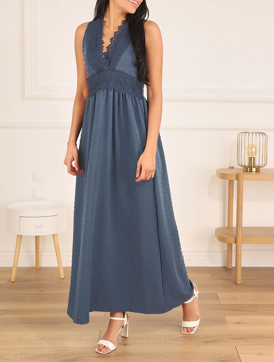 Robe longue unie texturée - Bleu - Image 4