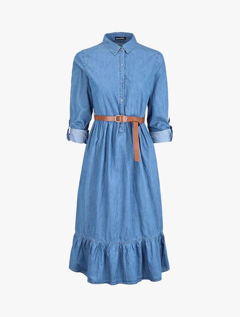 Robe longue volantée en jean - Bleu denim