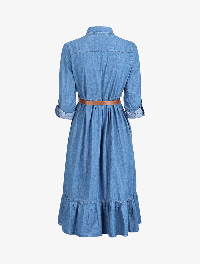 Robe longue volantée en jean - Bleu denim - Image 2