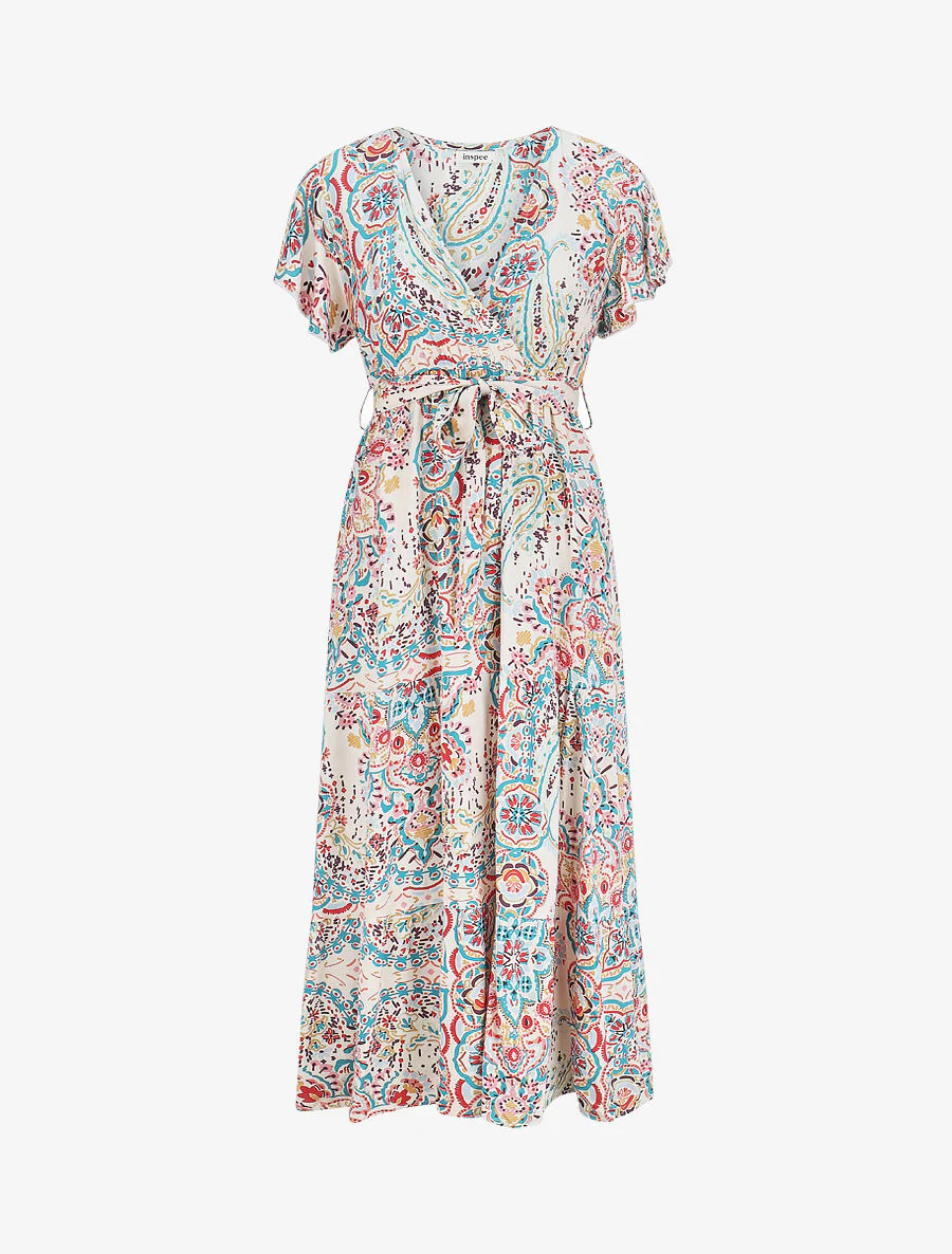 Robe longues motif floral à mancherons - Bleu canard