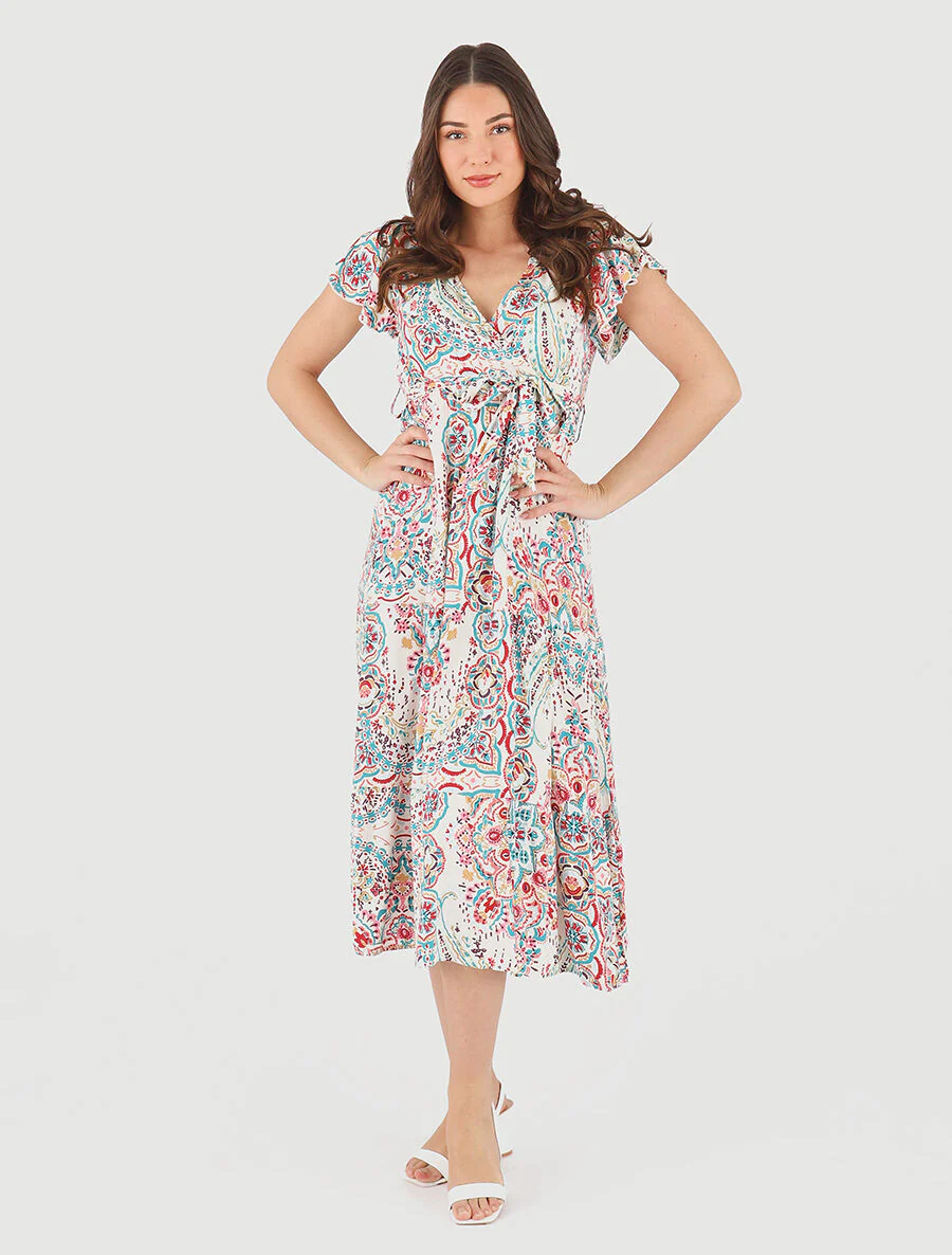 Robe longues motif floral à mancherons - Bleu canard - Image 4