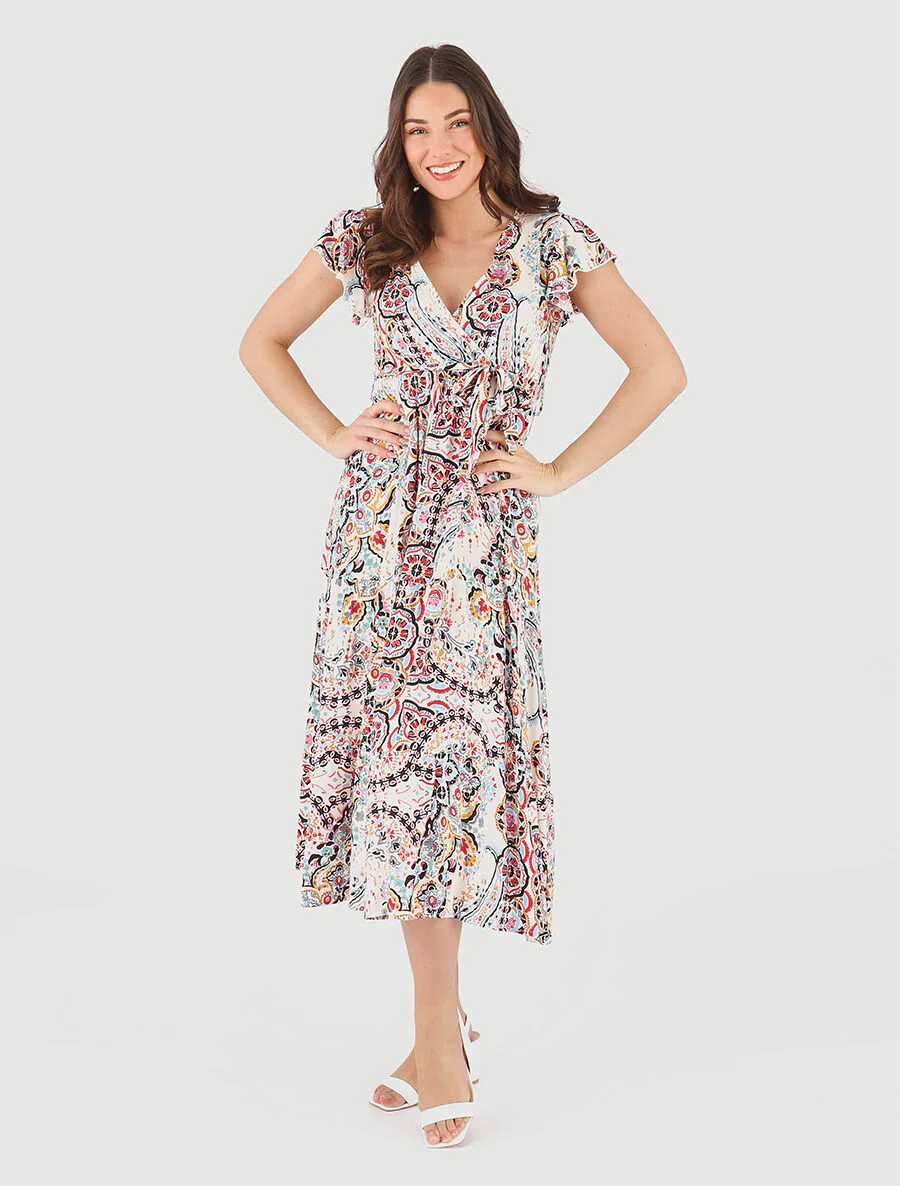 Robe longues motif floral à mancherons - Noir/blanc - Image 4