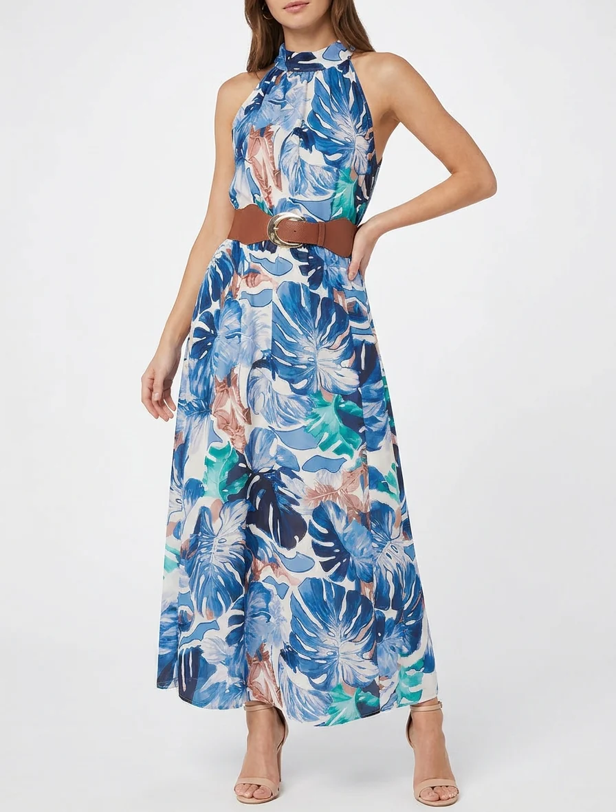 Robe longues sans manches imprimé tropical - Marine - Image 4