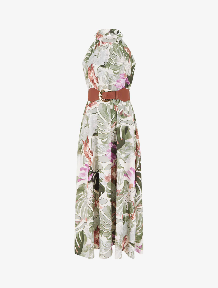 Robe longues sans manches imprimé tropical - Kaki