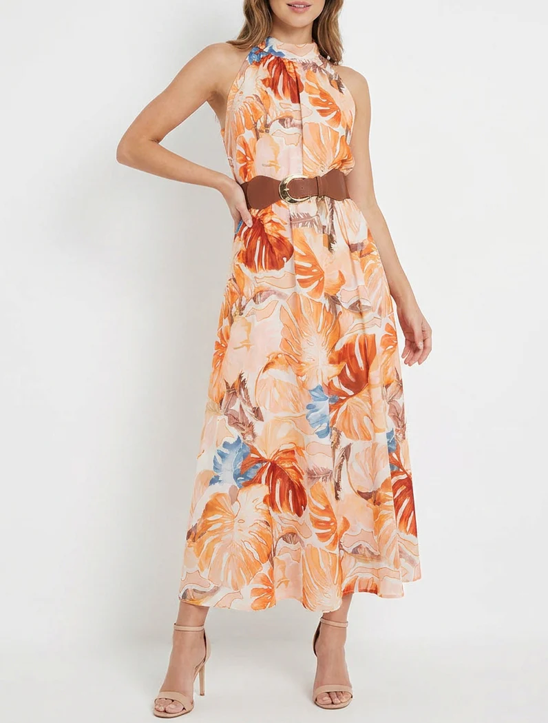 Robe longues sans manches imprimé tropical - Orange - Image 4