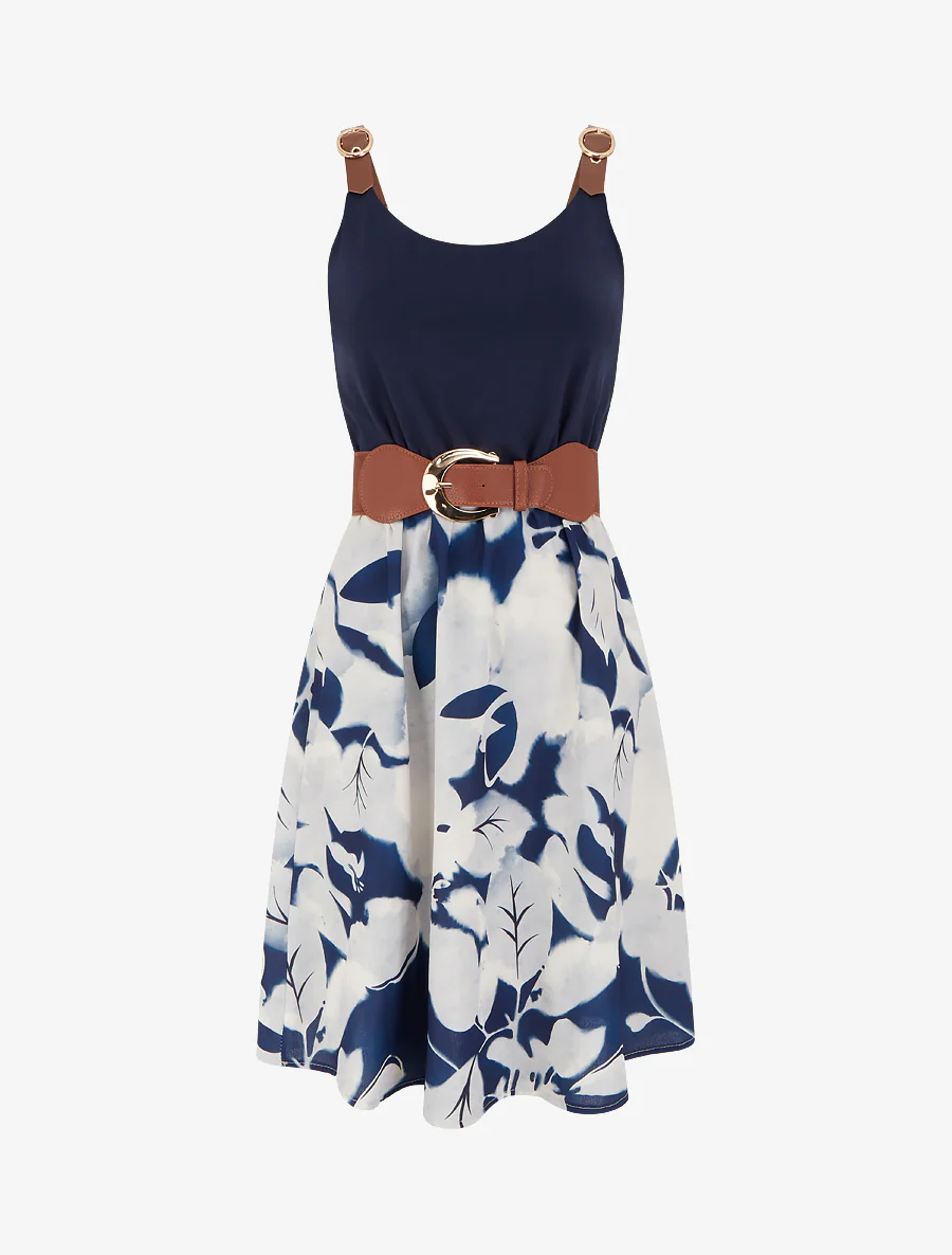 Robe mi-longue à bretelles en simili - Marine