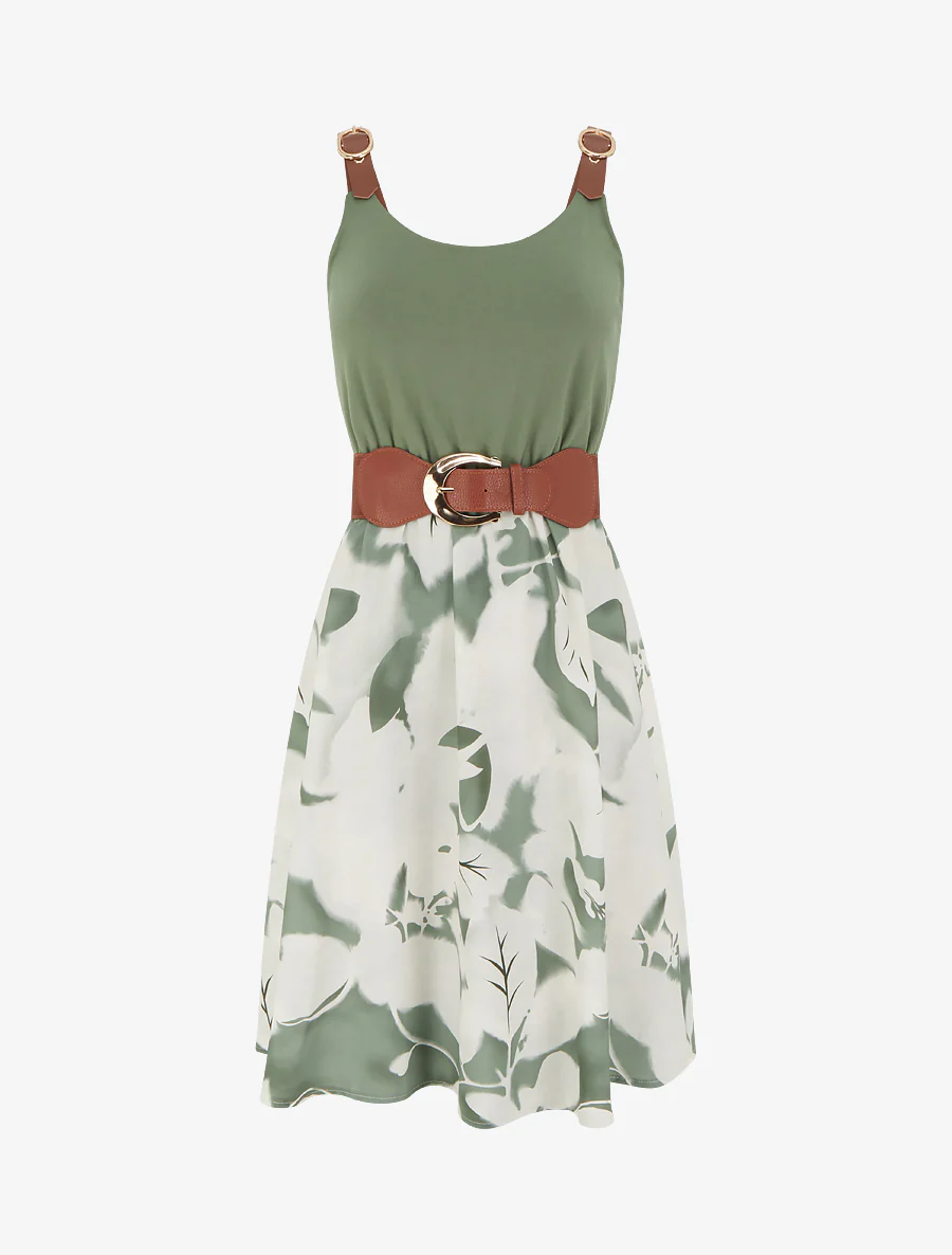 Robe mi-longue à bretelles en simili - Kaki