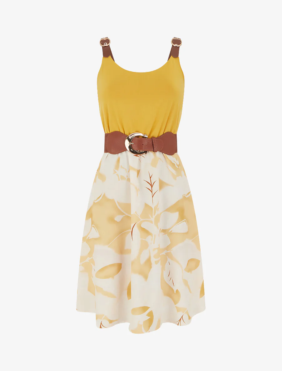 Robe mi-longue à bretelles en simili - Jaune