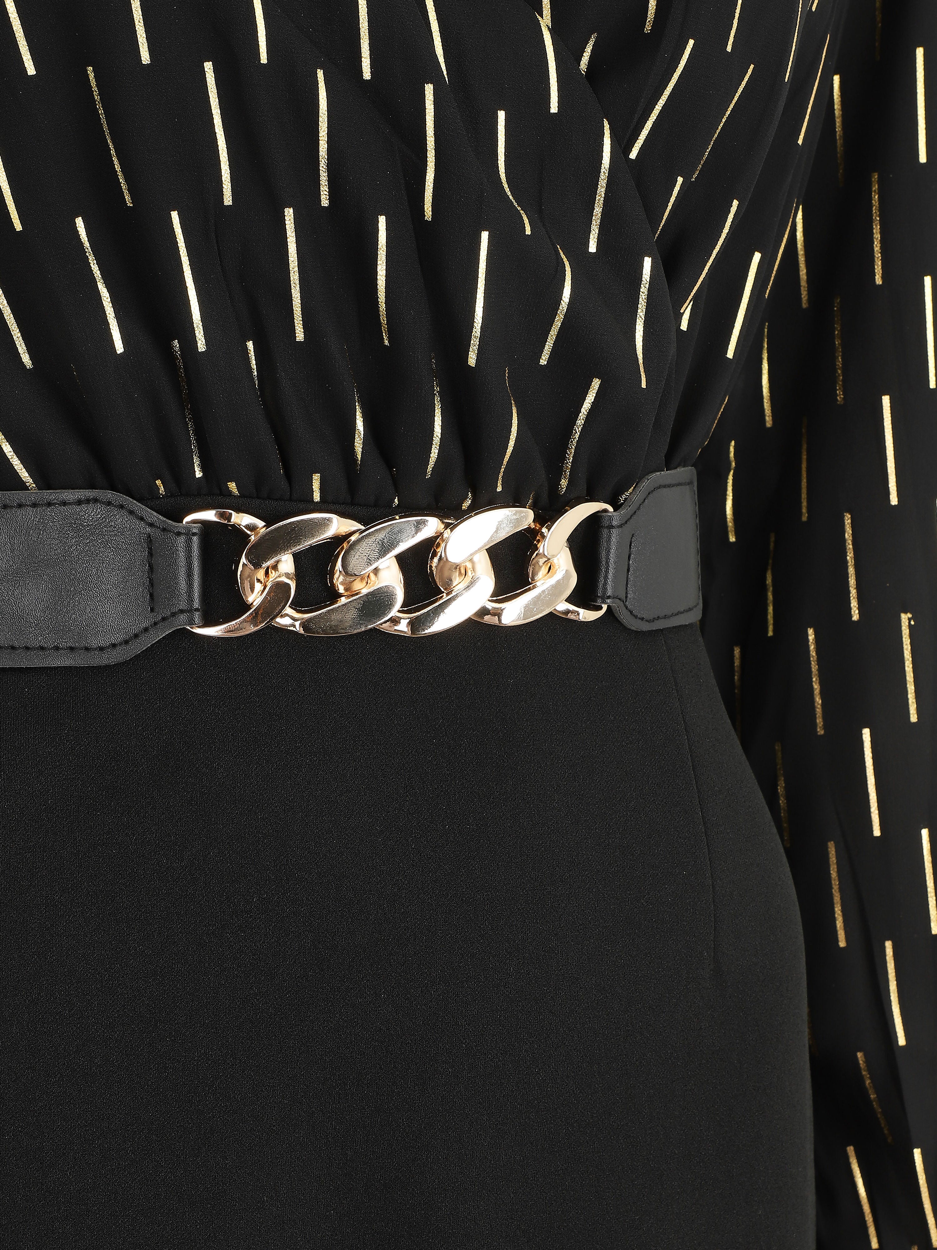 Robe mi-longue à imprimé dorés - Noir - Image 3