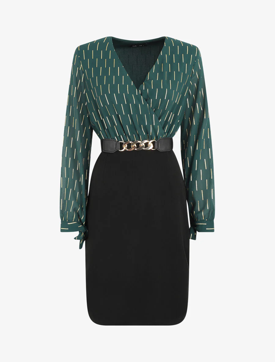 Robe mi-longue à imprimé dorés - Vert sapin
