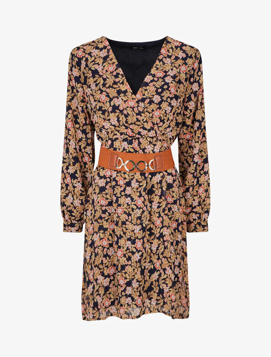 Robe mi-longue à imprimé fleuri et détail irisée - Marine