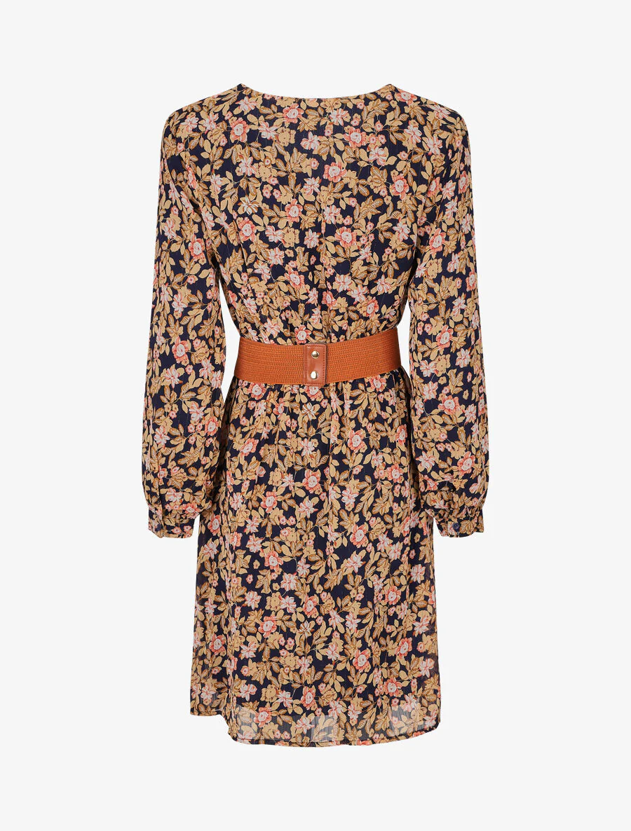 Robe mi-longue à imprimé fleuri et détail irisée - Marine - Image 2