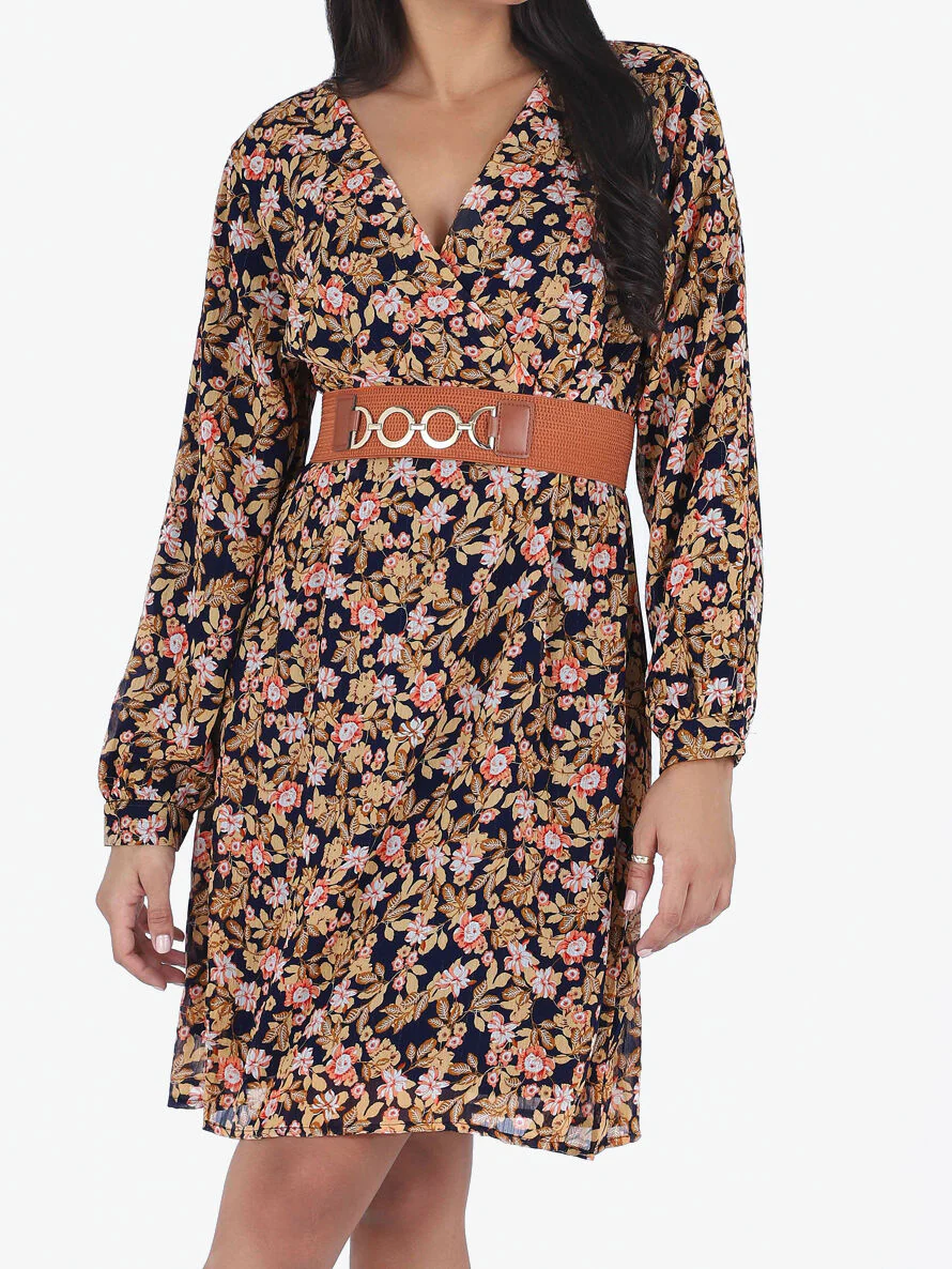 Robe mi-longue à imprimé fleuri et détail irisée - Marine - Image 4