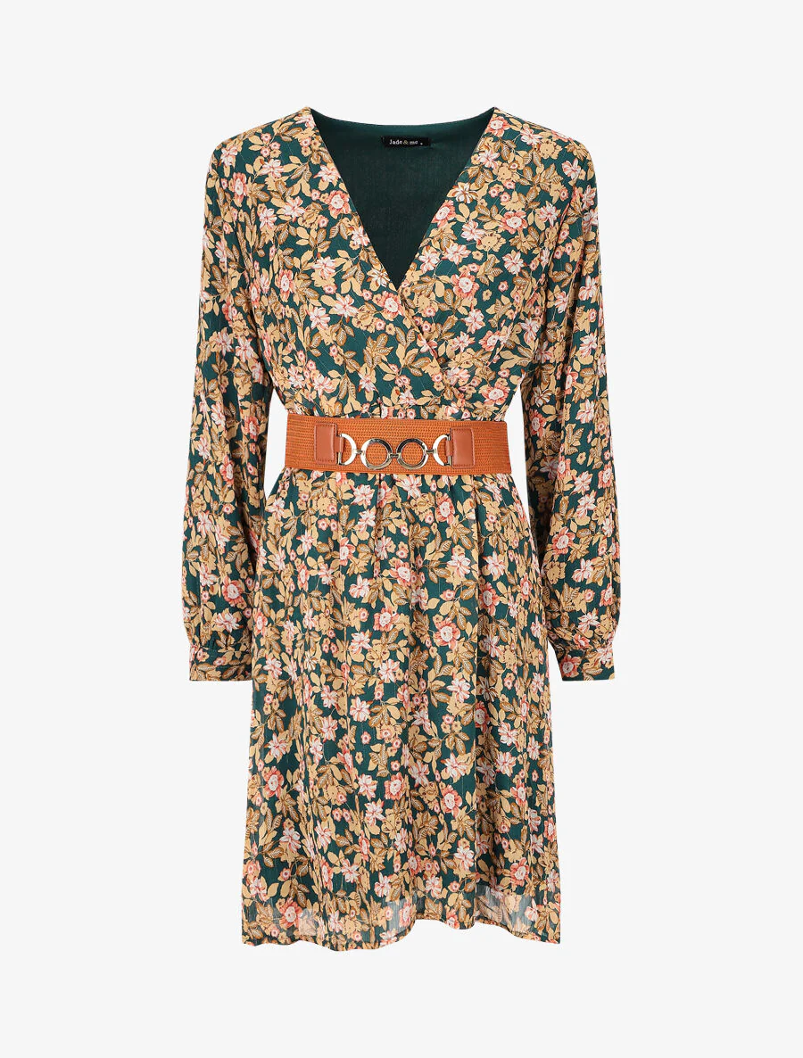 Robe mi-longue à imprimé fleuri et détail irisée - Vert
