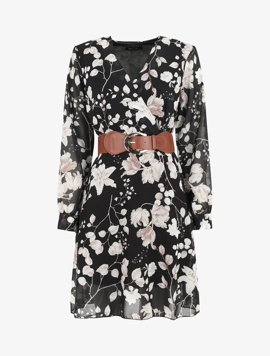 Robe mi-longue à imprimé fleuri - Noir