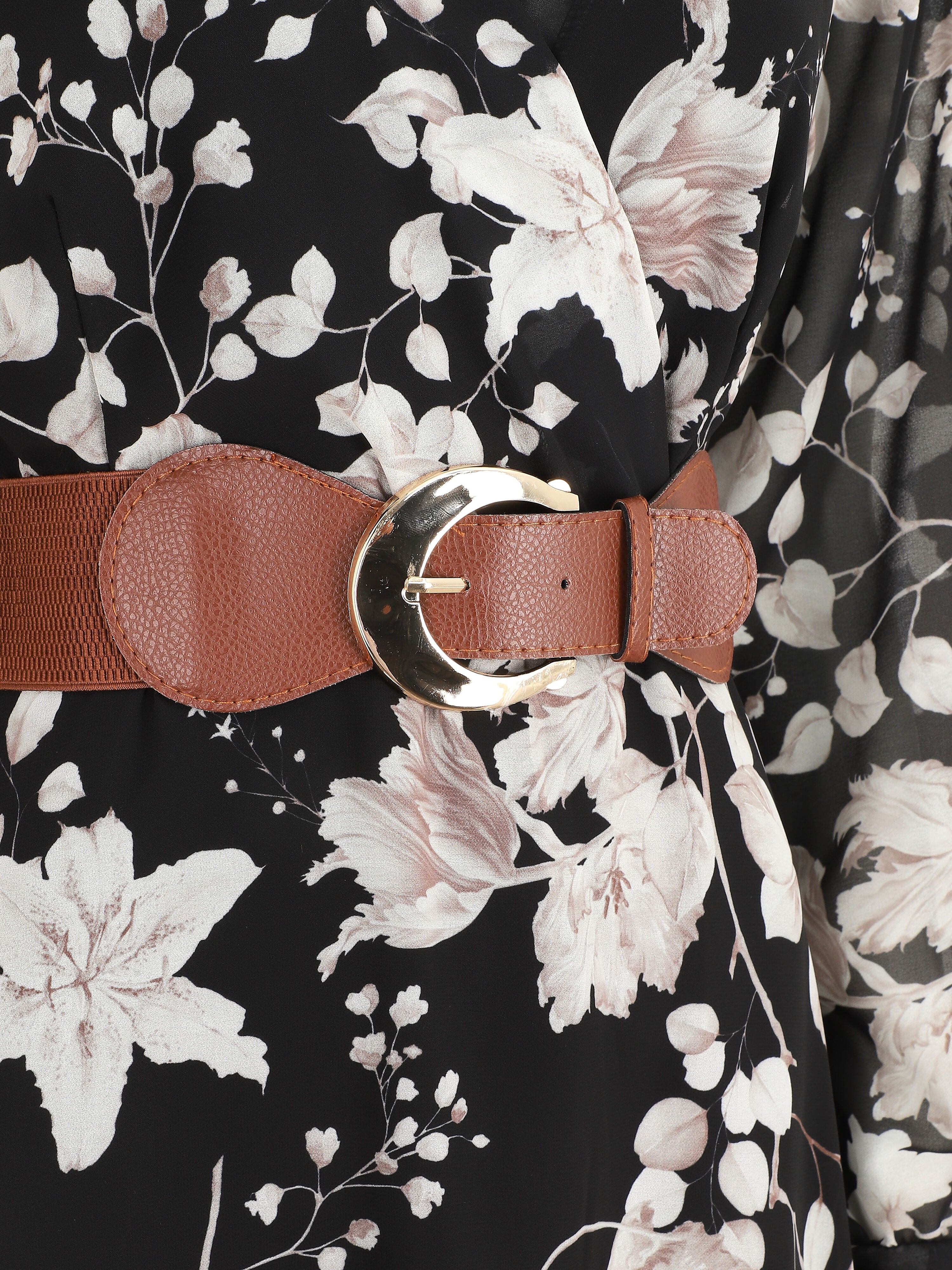 Robe mi-longue à imprimé fleuri - Noir - Image 3