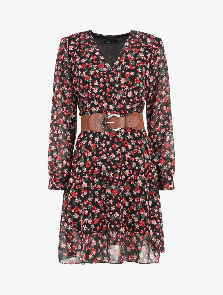 Robe mi-longue à imprimé petites fleurs - Noir