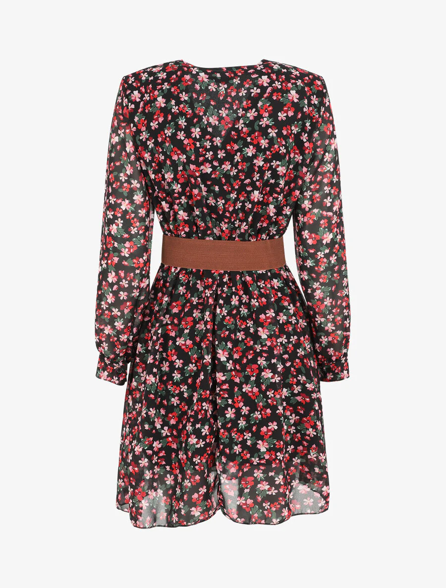 Robe mi-longue à imprimé petites fleurs - Noir - Image 2