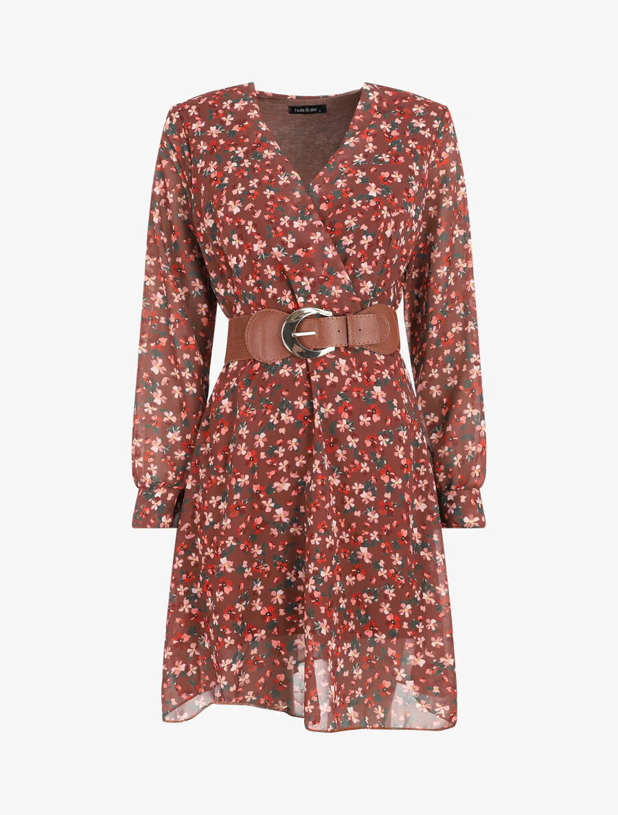 Robe mi-longue à imprimé petites fleurs - Marron