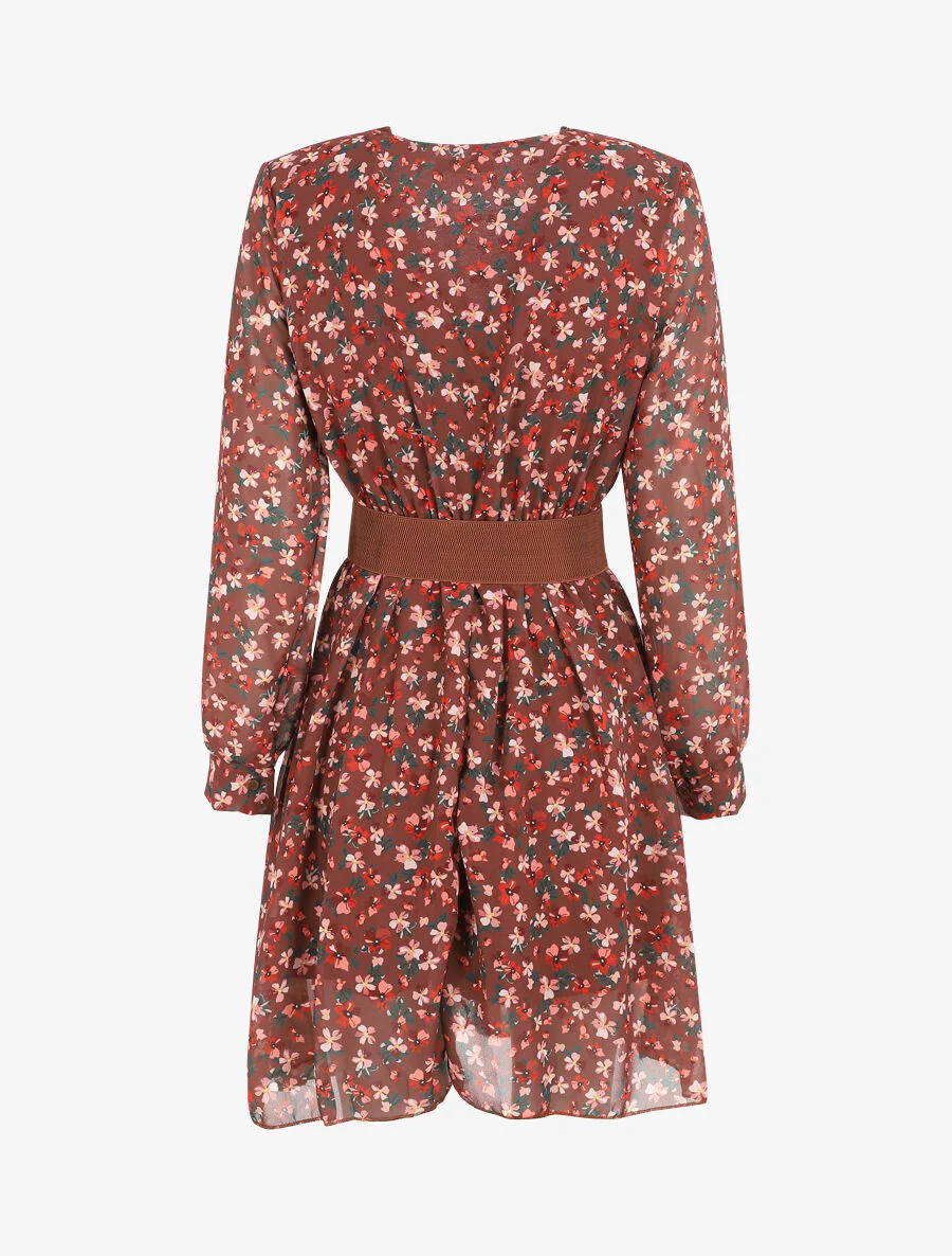 Robe mi-longue à imprimé petites fleurs - Marron - Image 2