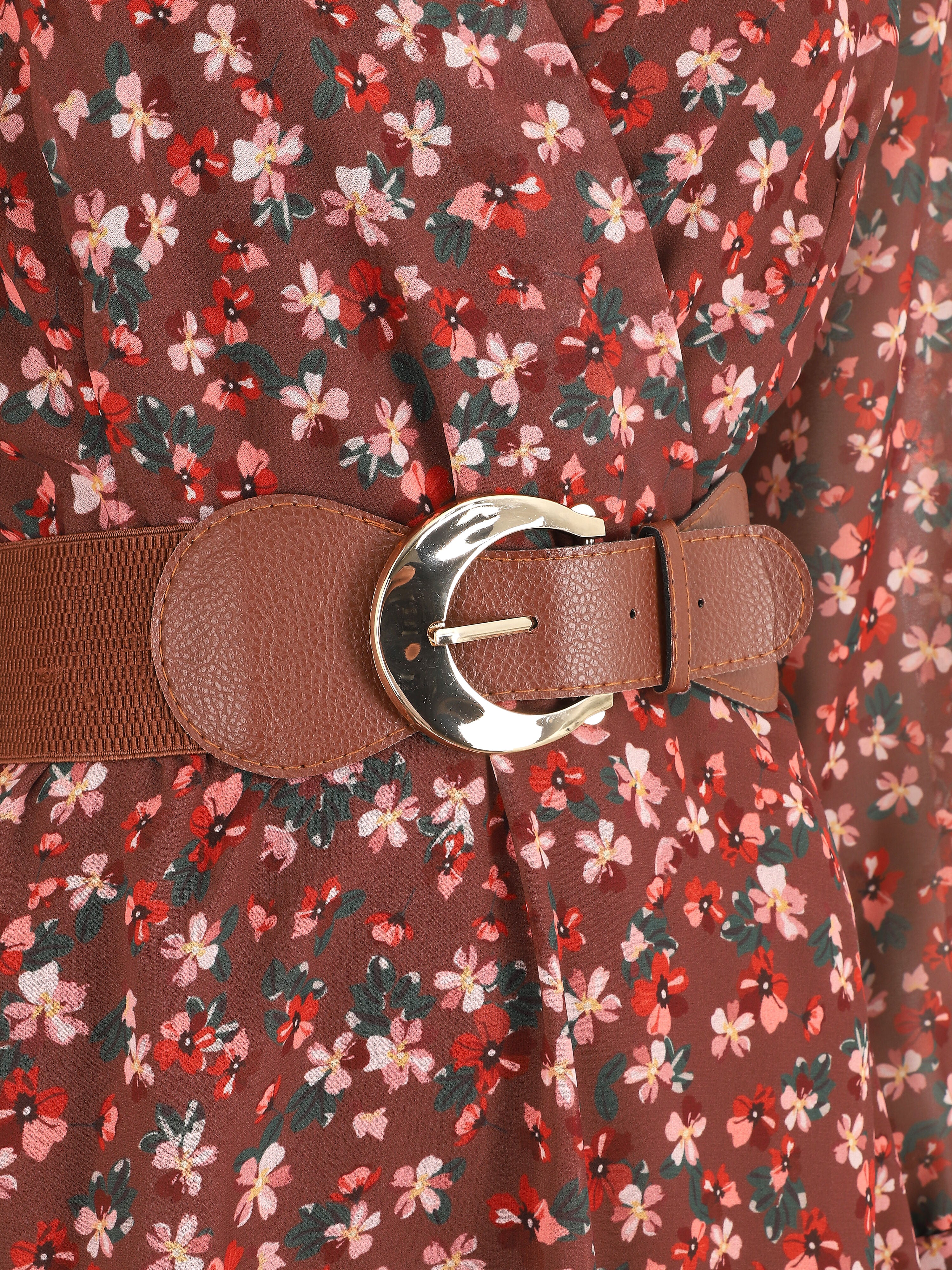 Robe mi-longue à imprimé petites fleurs - Marron - Image 3