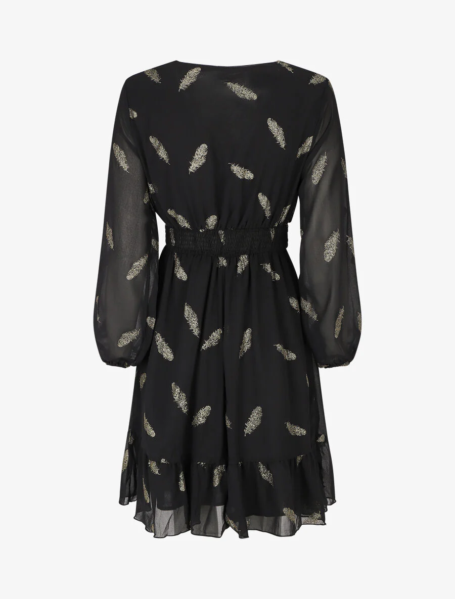 Robe mi-longue à imprimé plumes dorées - Noir - Image 2