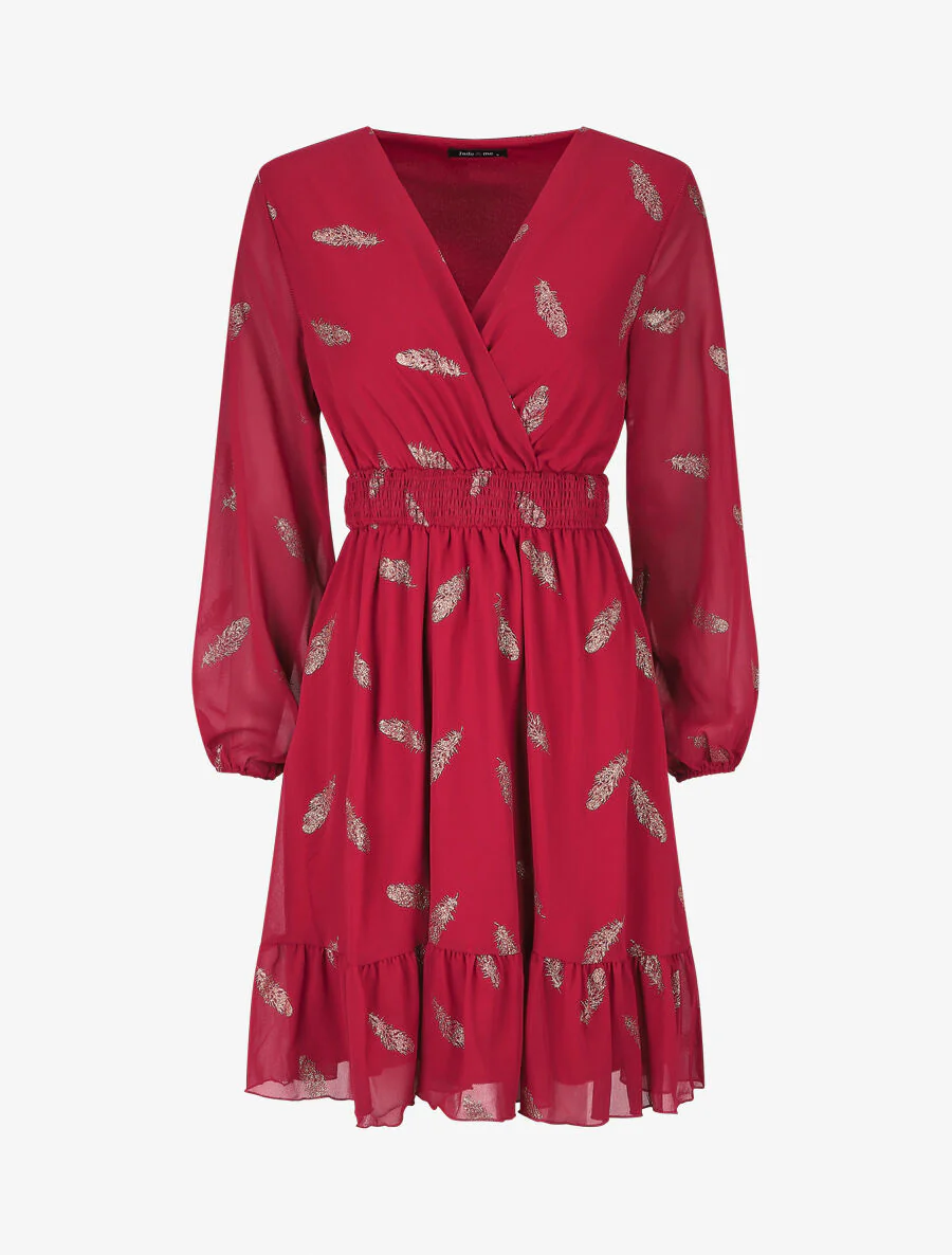 Robe mi-longue à imprimé plumes dorées - Bordeaux