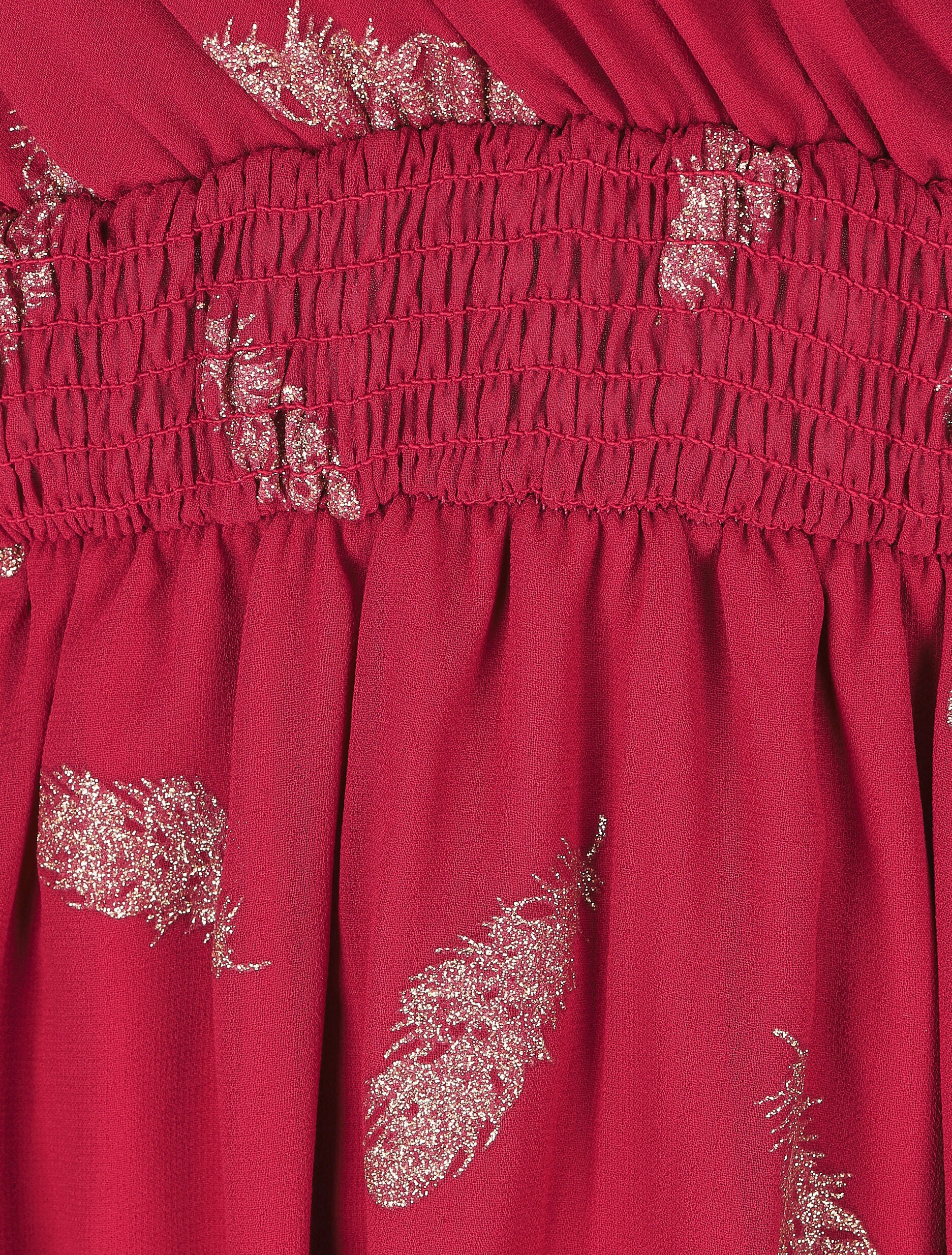 Robe mi-longue à imprimé plumes dorées - Bordeaux - Image 3