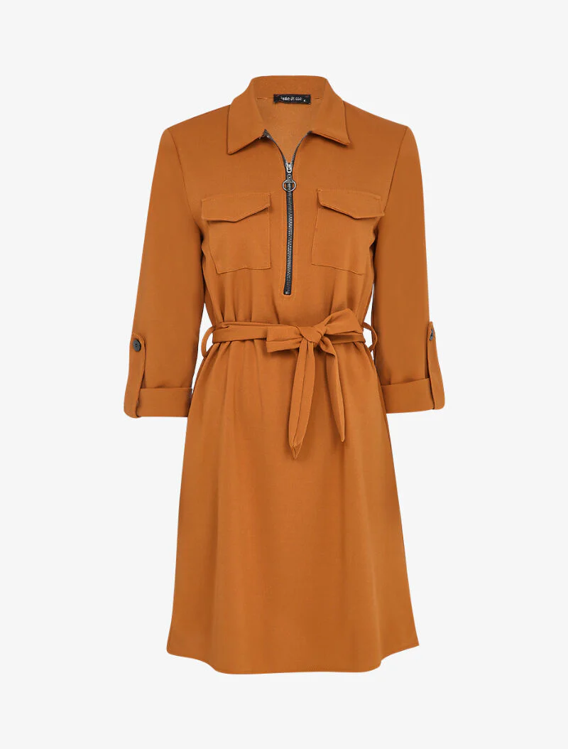 Robe mi-longue à poches poitrine - Camel