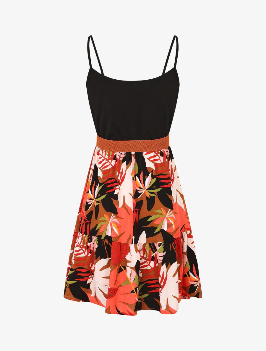 Robe mi-longue bicolore imprimé tropical - Noir - Image 2