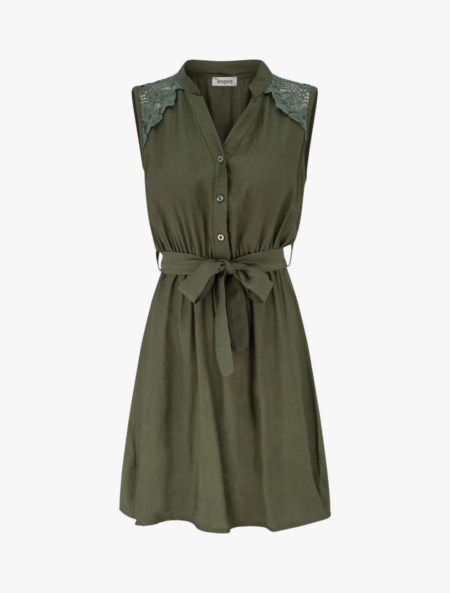 Robe mi-longue boutonnée sans manches - Kaki