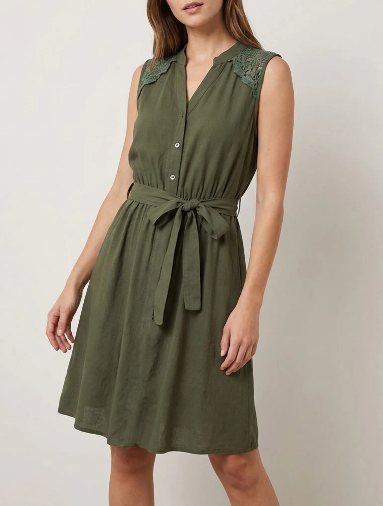 Robe mi-longue boutonnée sans manches - Kaki - Image 4