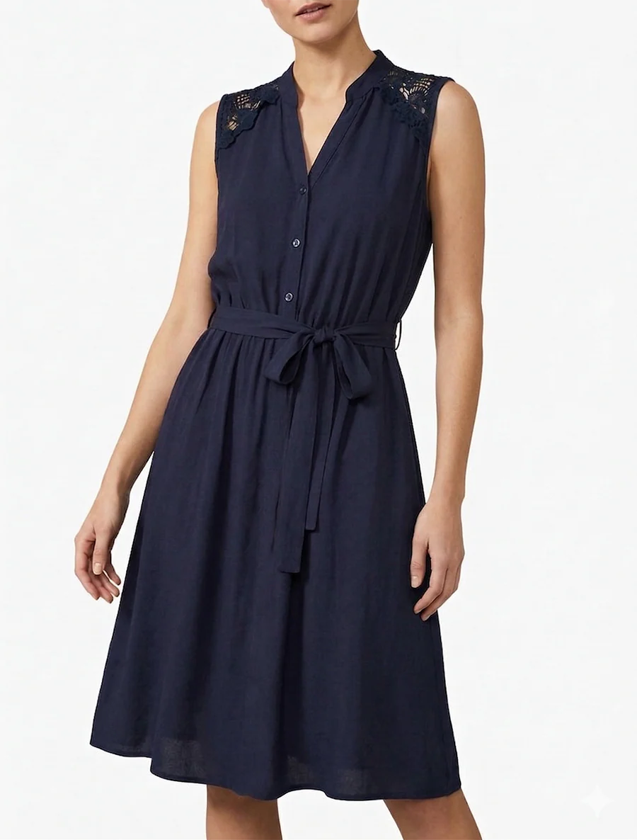 Robe mi-longue boutonnée sans manches - Marine - Image 4