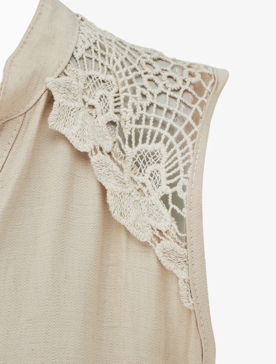 Robe mi-longue boutonnée sans manches - Beige - Image 3