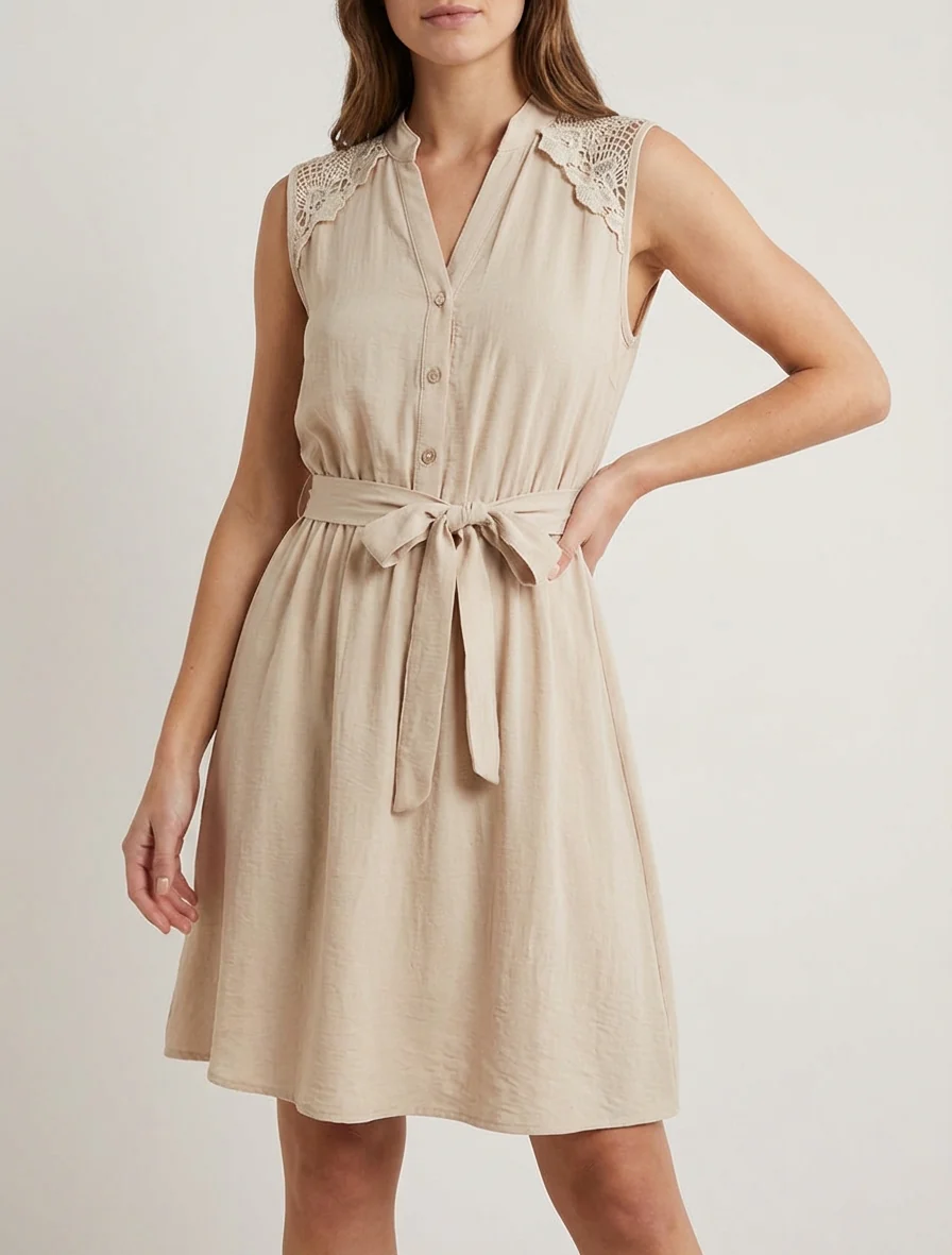 Robe mi-longue boutonnée sans manches - Beige - Image 4