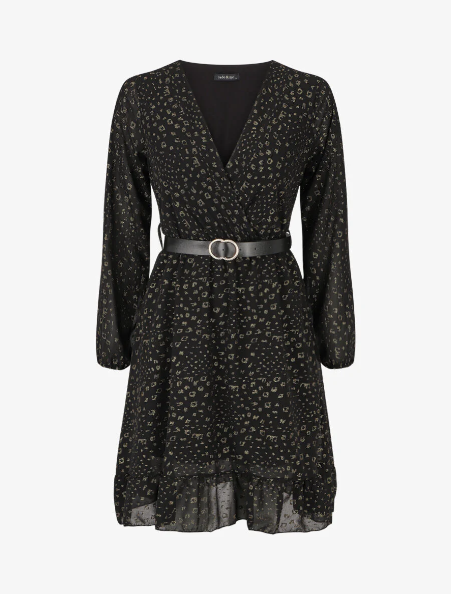 Robe mi-longue cache-coeur à imprimé graphique doré - Noir