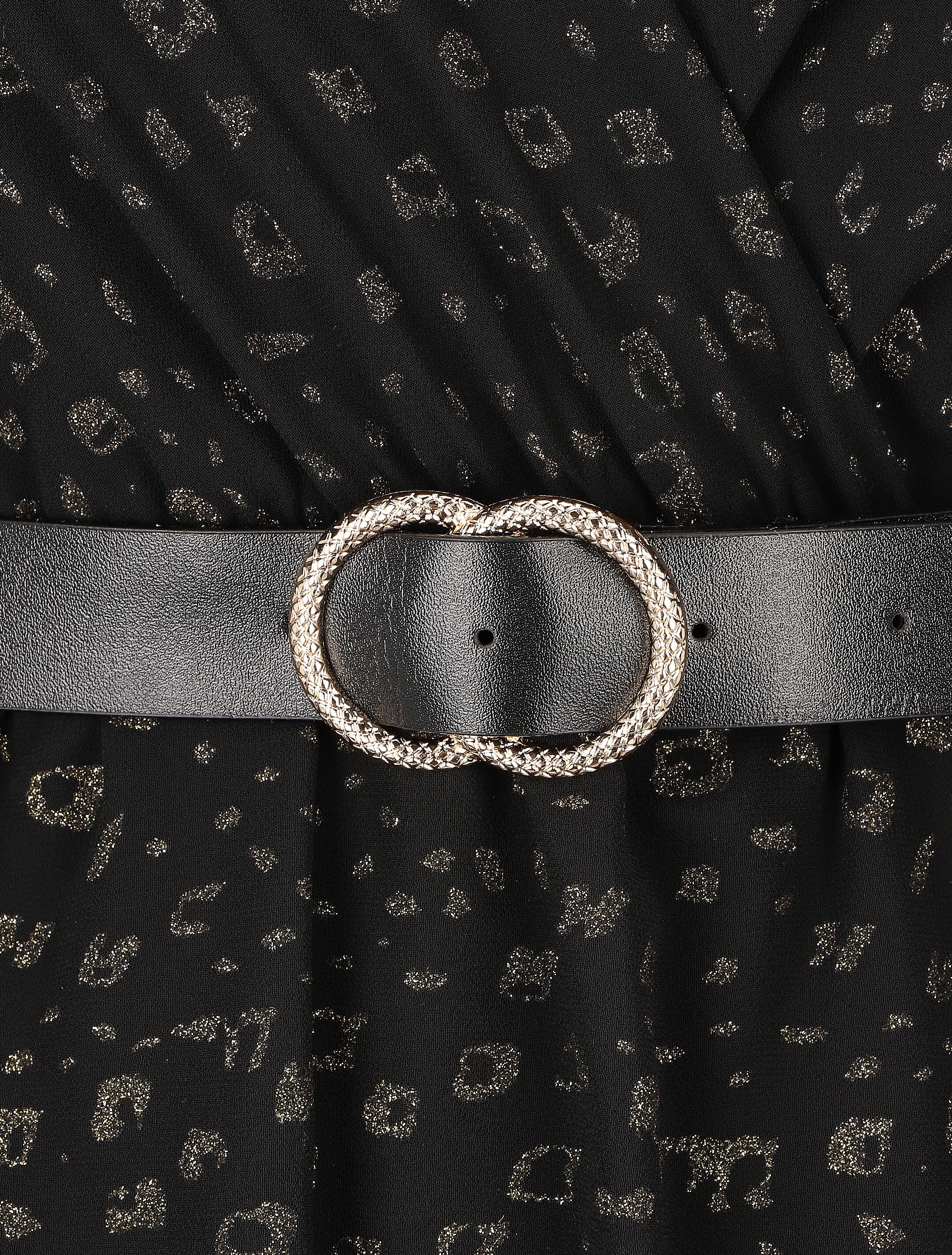 Robe mi-longue cache-coeur à imprimé graphique doré - Noir - Image 3