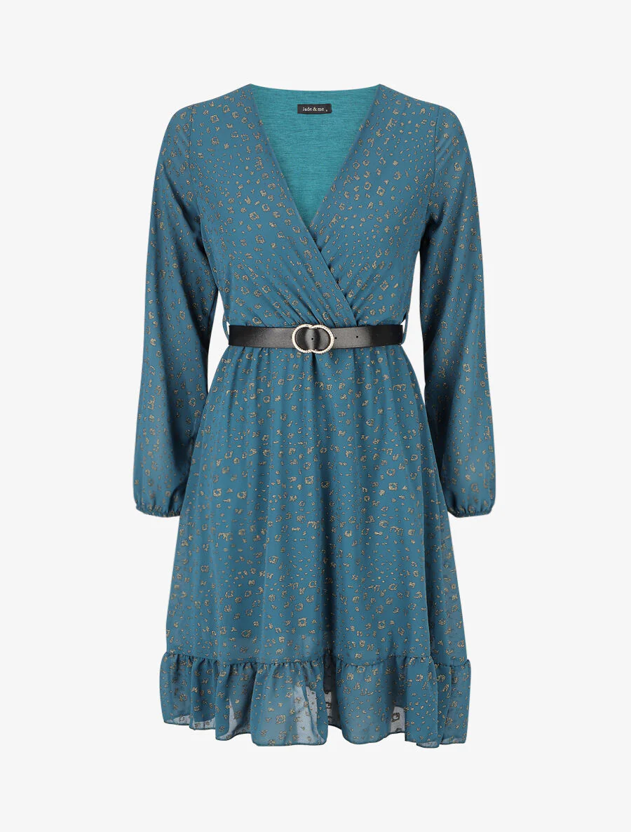 Robe mi-longue cache-coeur à imprimé graphique doré - Bleu canard