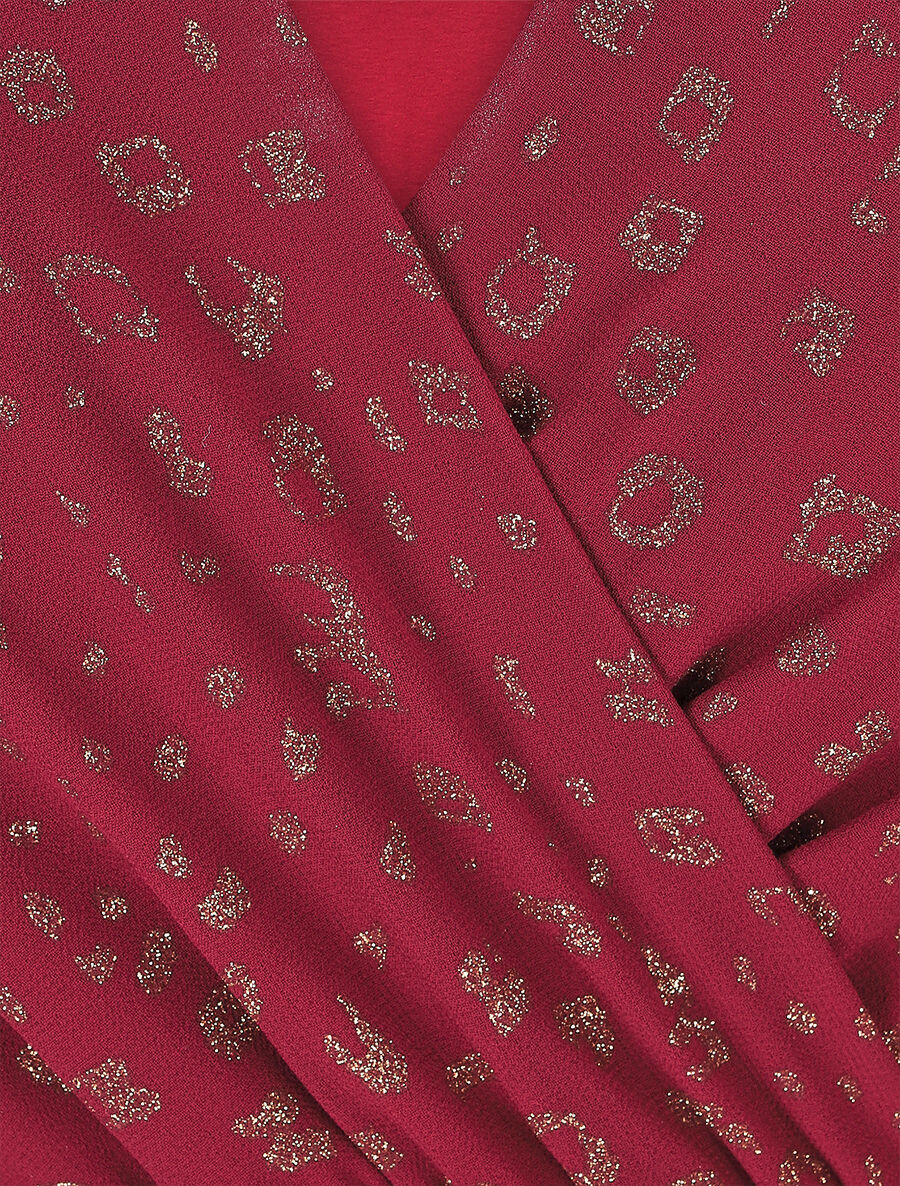 Robe mi-longue cache-coeur à imprimé graphique doré - Bordeaux - Image 3