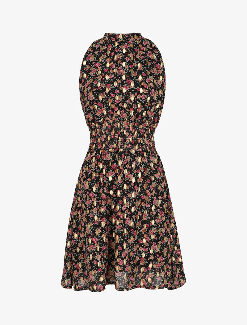 Robe mi-longue col lavallière à imprimé fleuri - Noir